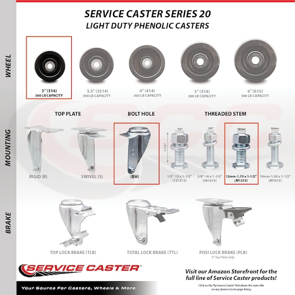 Service Caster 3 Inch Phenolic Wheel Swivel 12mm Threaded Stem Caster Set SCC-TS20S314-PHS-M1215-4 - main